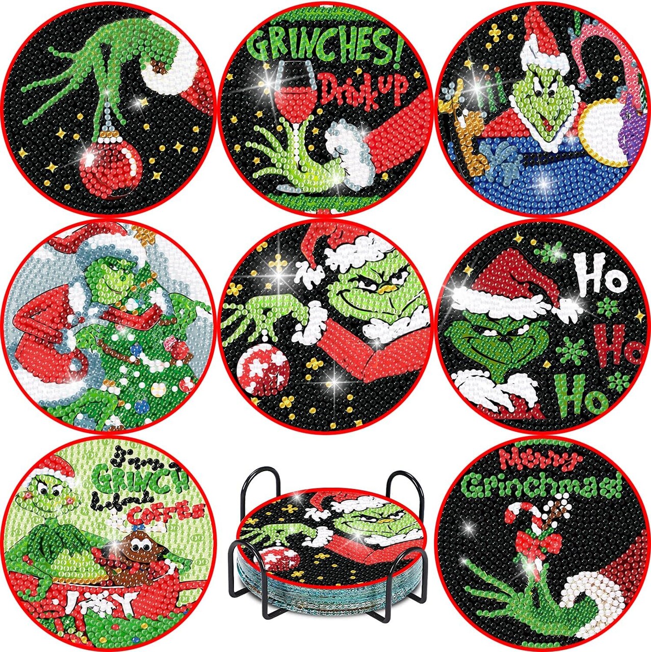 8-Piece Christmas Diamond Painting Coaster Kits with Holder – DIY Diamond Art Coasters for Adults & Kids, Holiday Craft Supplies for Gifts & Home Decor